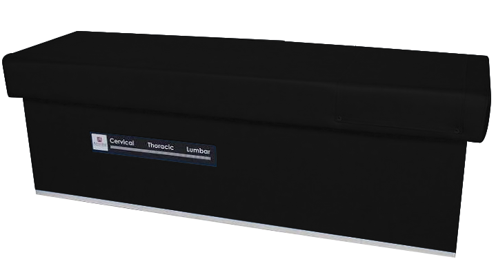 Armedica Quantum 400 black intersegmental table with Cervical, Thoracic, and Lumbar labels.