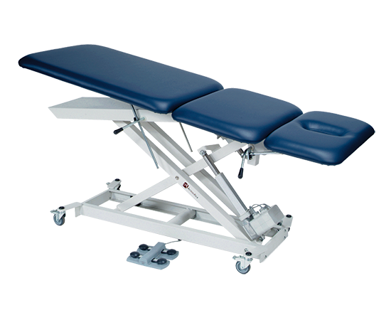 Armedica AM-SX 3000: Three-section blue padded treatment table with hydraulic powered base.