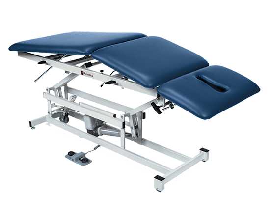 Armedica AM-300 blue treatment table with headrest and foot pedal height adjustment.