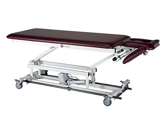 Armedica AM-BA 250 exam table with maroon vinyl and sturdy metal frame.