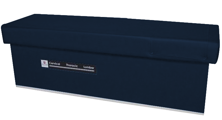 Armedica Quantum 400 Series dark blue intersegmental traction table: cervical, thoracic, lumbar.
