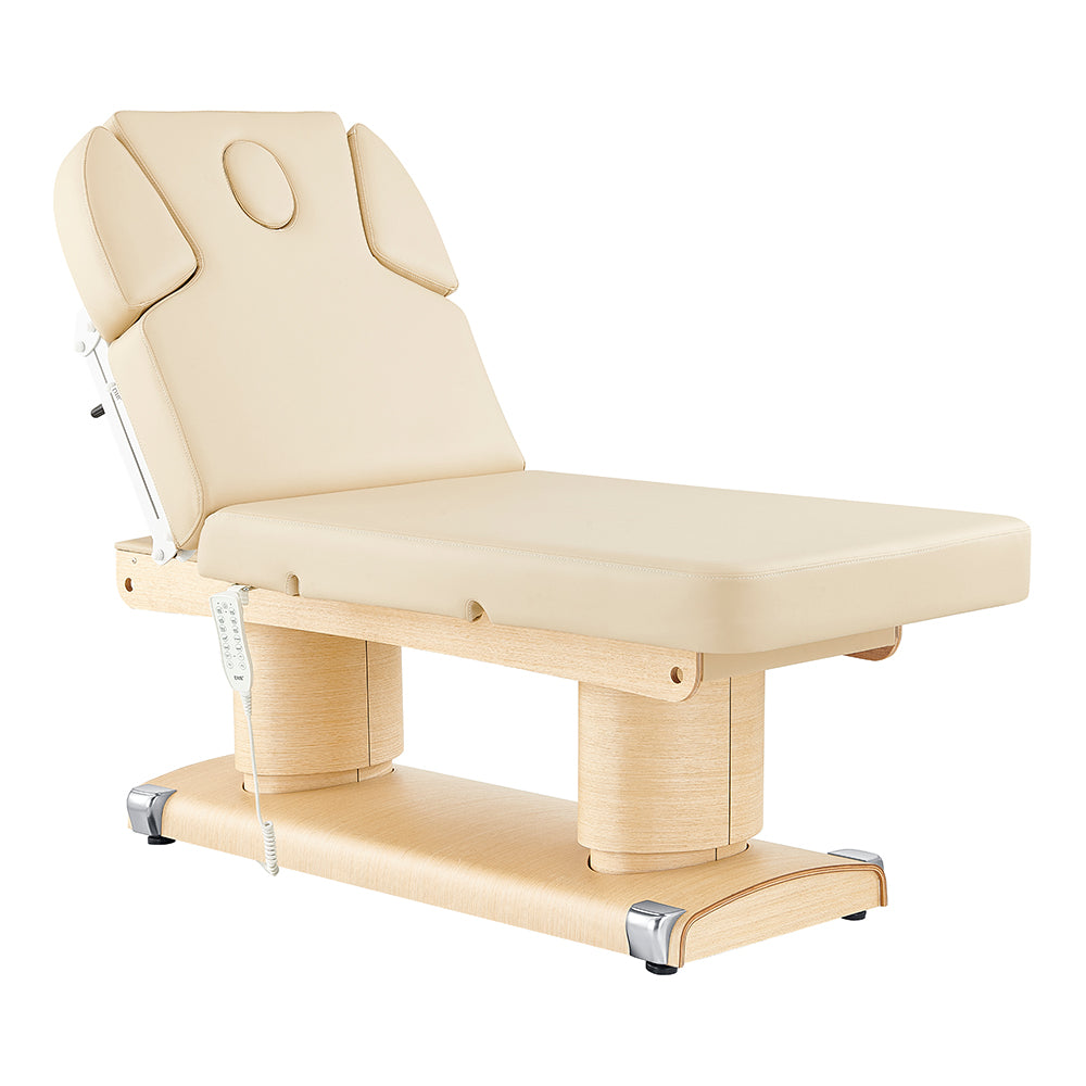 Luxi 4 Motors Medical Spa Table by DIR: adjustable, beige, padded headrest, remote, wood base.