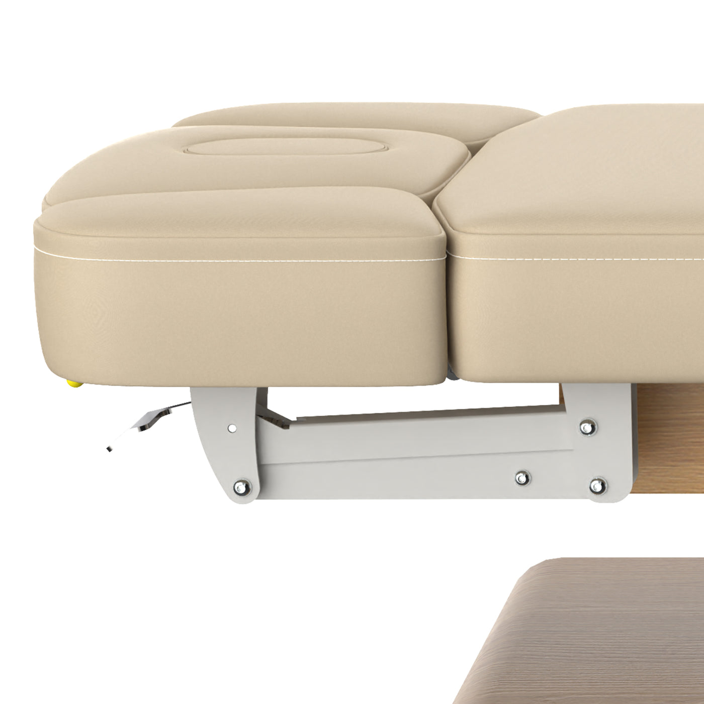 Beige massage table with metal base on a white background