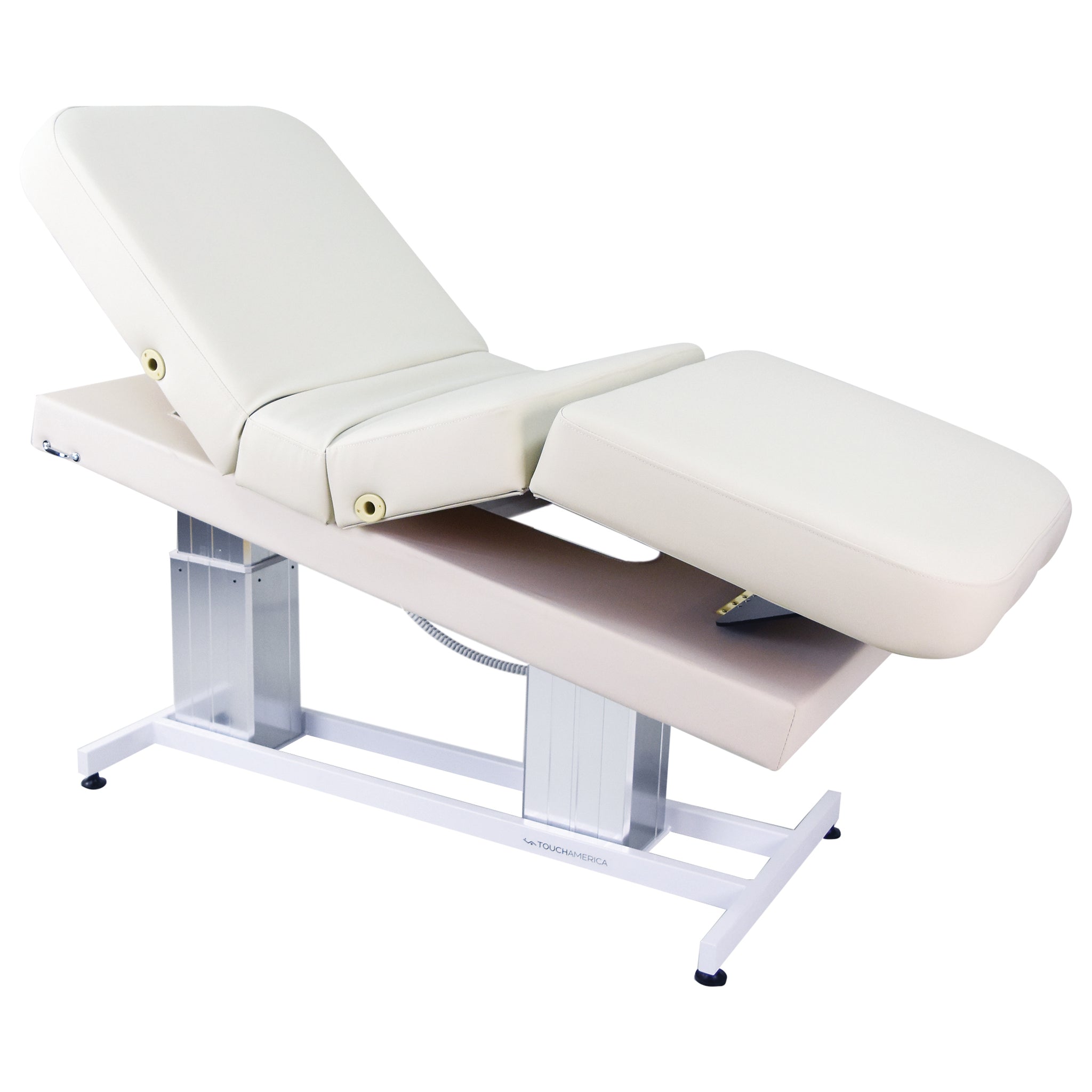 TouchAmerica ATLAS CLASSIC Treatment Table, cream upholstery, Trendelenburg position capable.