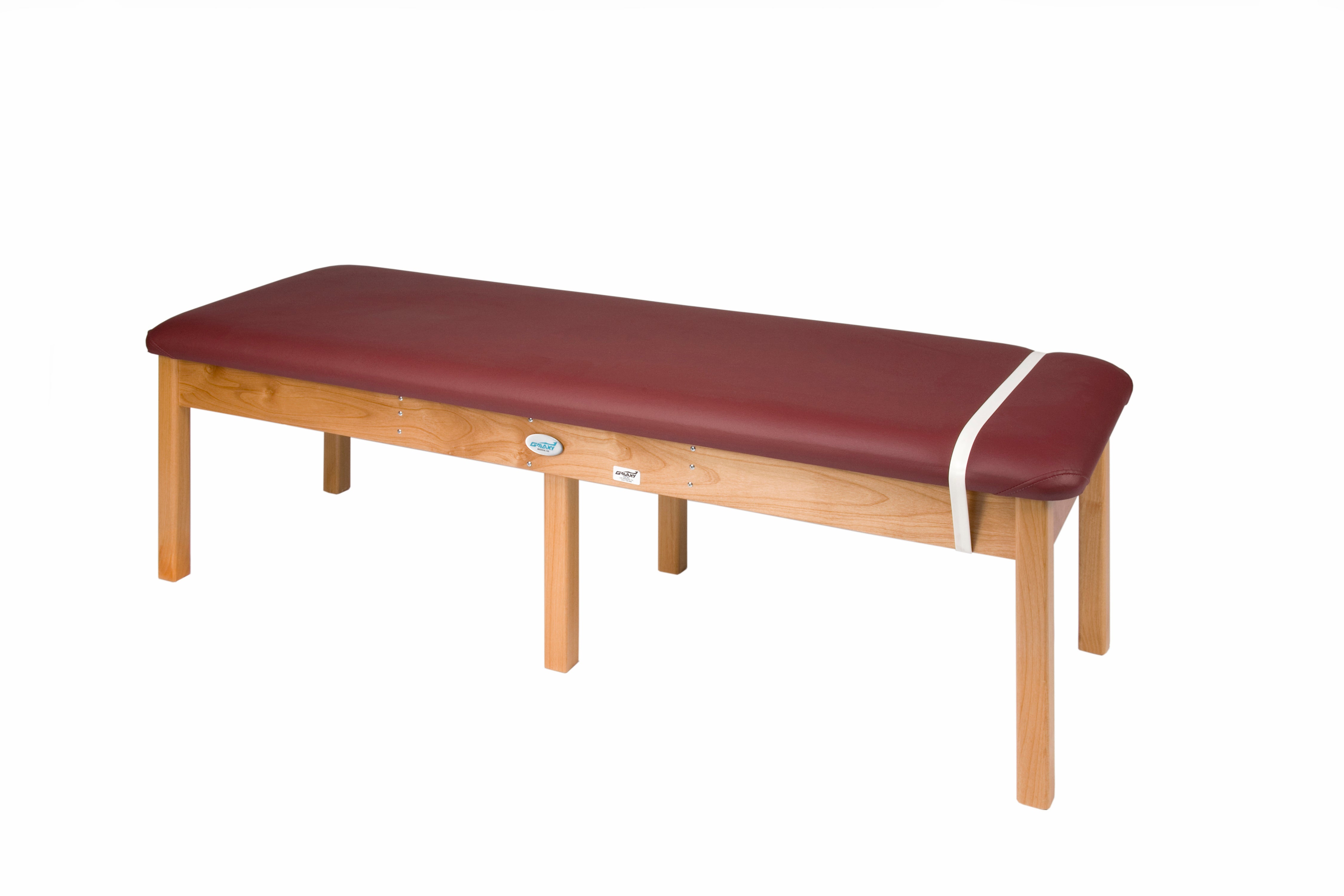 Galaxy Mfg 2057-24 bariatric table with maroon foam top and white adjustable strap.