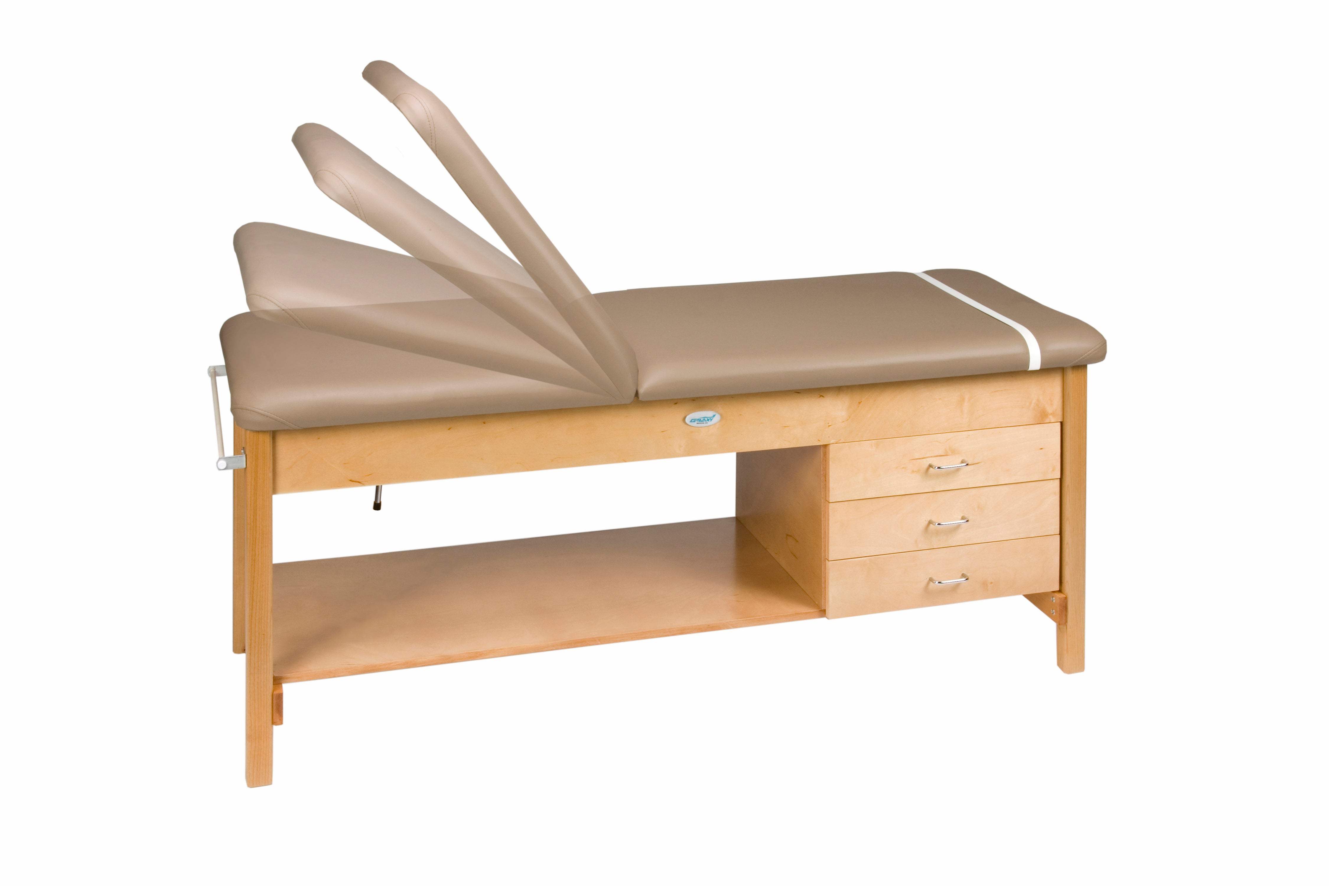 Galaxy Mfg 2094-27TB table, tan upholstery, wood base, drawers & storage shelf.