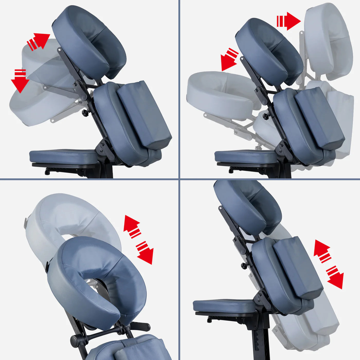 Four-panel image shows adjustable angles of the blue Master Massage RIO Portable Massage Chair.