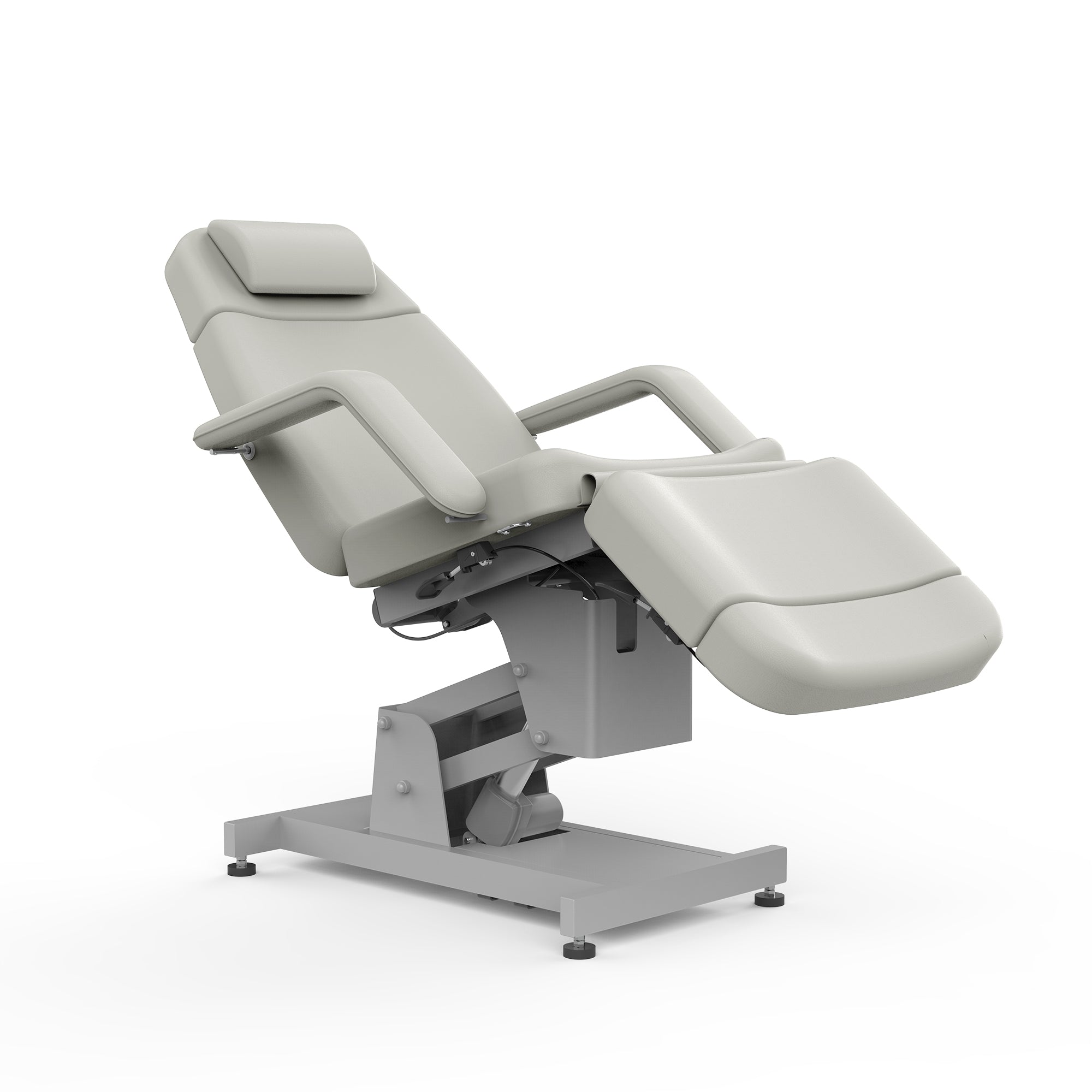 Silverfox America 2219B Electric Massage Chair with gray upholstery and metal base, on white.