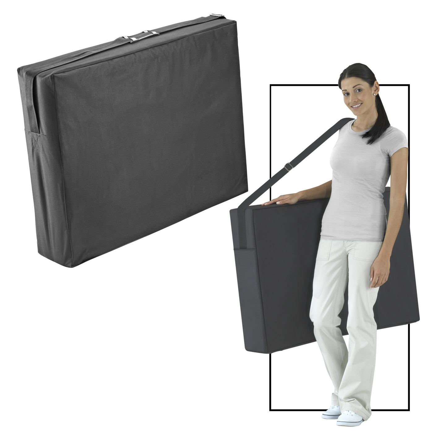 A woman carries a Master Massage FAIRLANE portable massage table case with a shoulder strap.