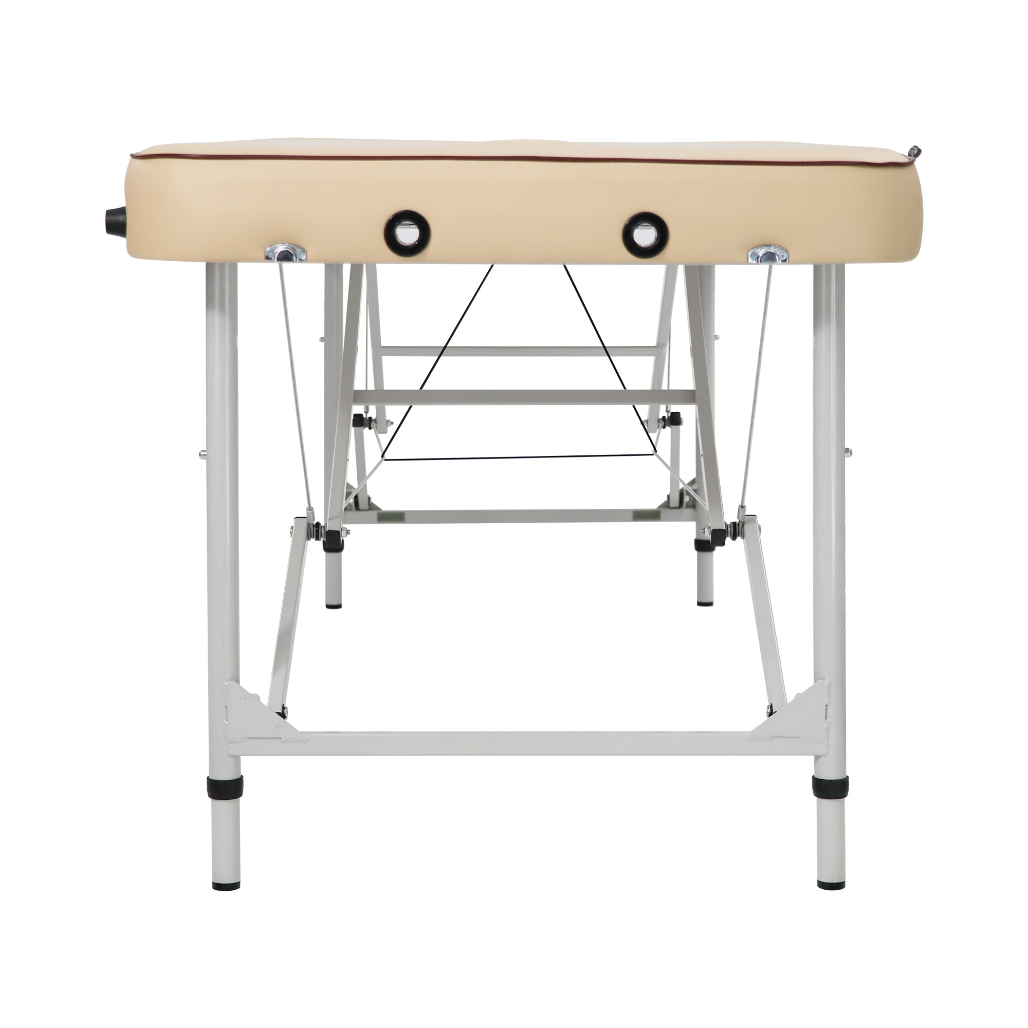 Master Massage Breeze ultralight beige aluminum massage table, seen from the foot end.