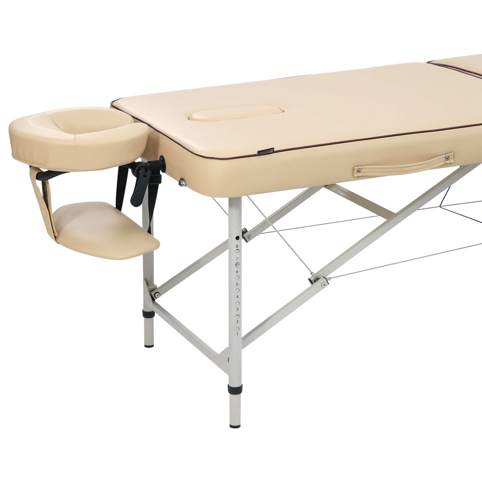 Master Massage Breeze lightweight aluminum massage table with adjustable headrest and metal legs.