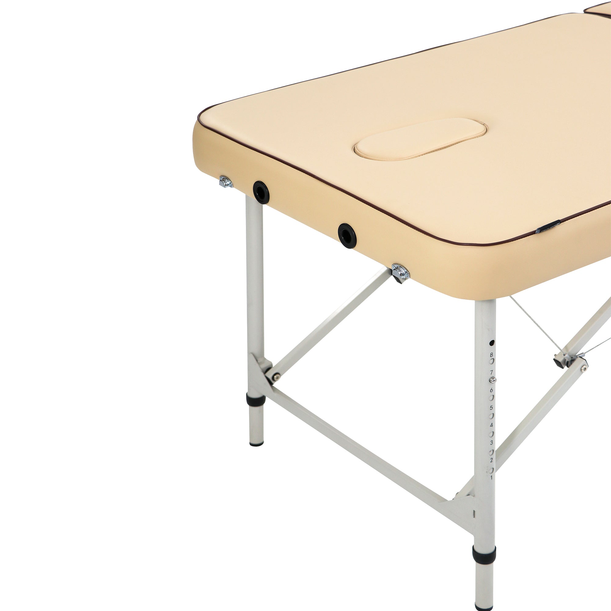 Master Massage Breeze ultra-light aluminum massage table, beige, corner angle view.