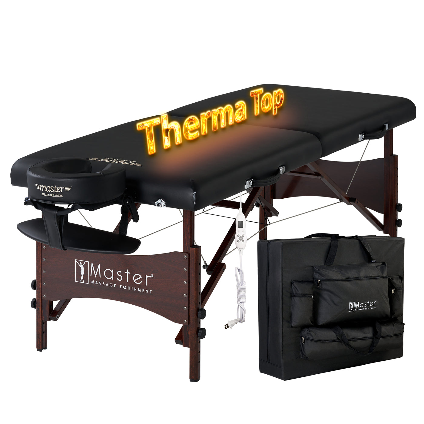 Master Massage ROMA portable massage table with THERMA-TOP and carrying case shown in black.