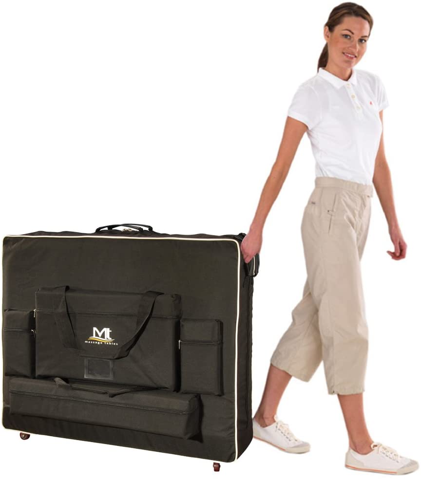 Woman standing next to black MT carry case on a white background