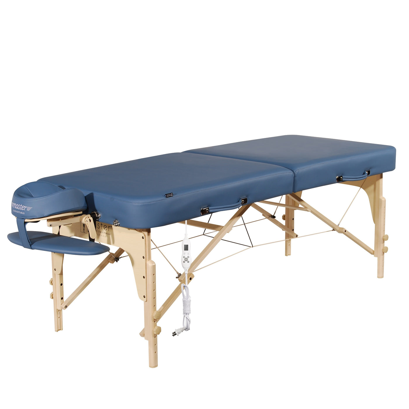 Master Massage PHOENIX Therma-Top portable table with wooden legs and an adjustable face cradle.