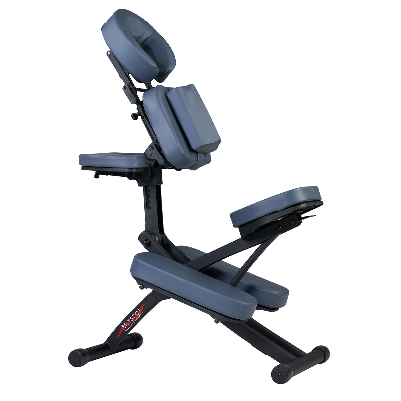 Master Massage RIO blue ergonomic portable massage chair with padded support, side view.