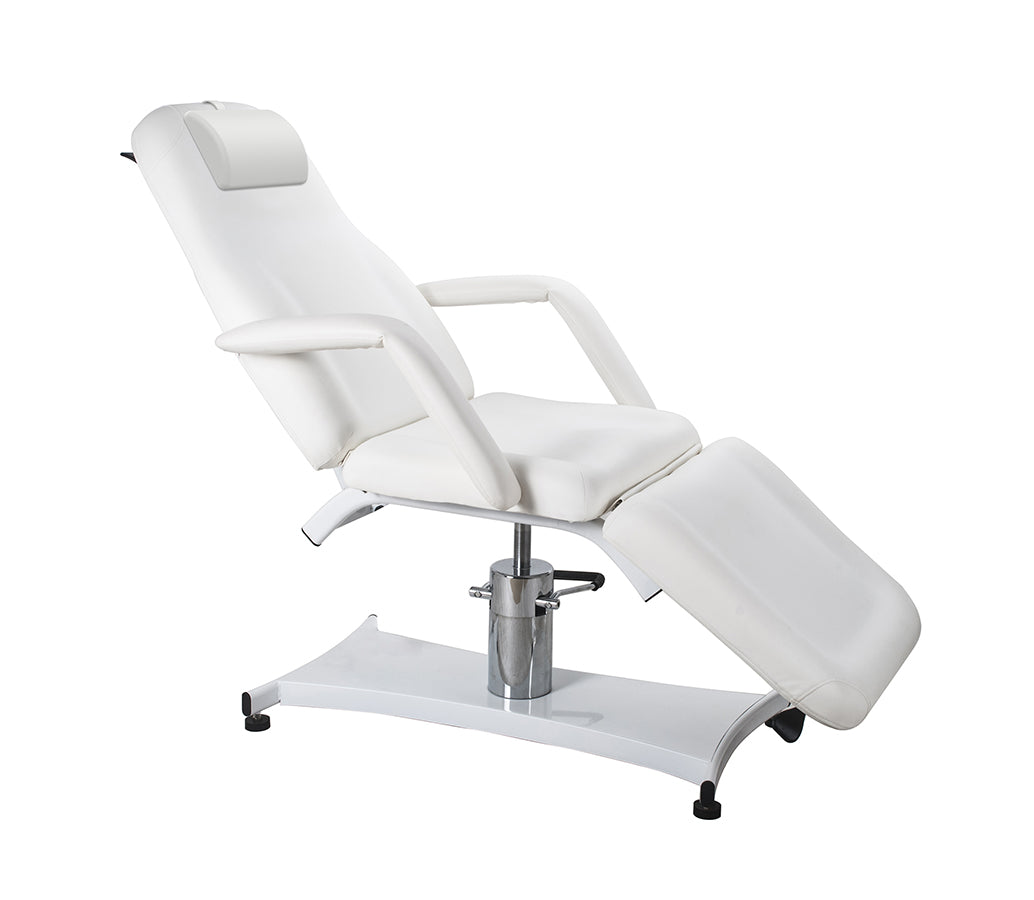 Silverfox America 2206A: Adjustable white chair with padded armrests, headrest, hydraulic base.