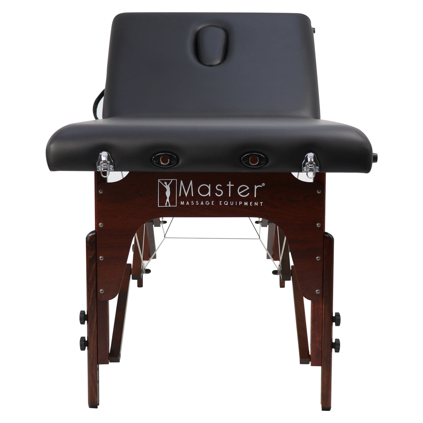 Black massage table with wooden legs on a white background, featuring the 'Master Massage Equipment' logo.
