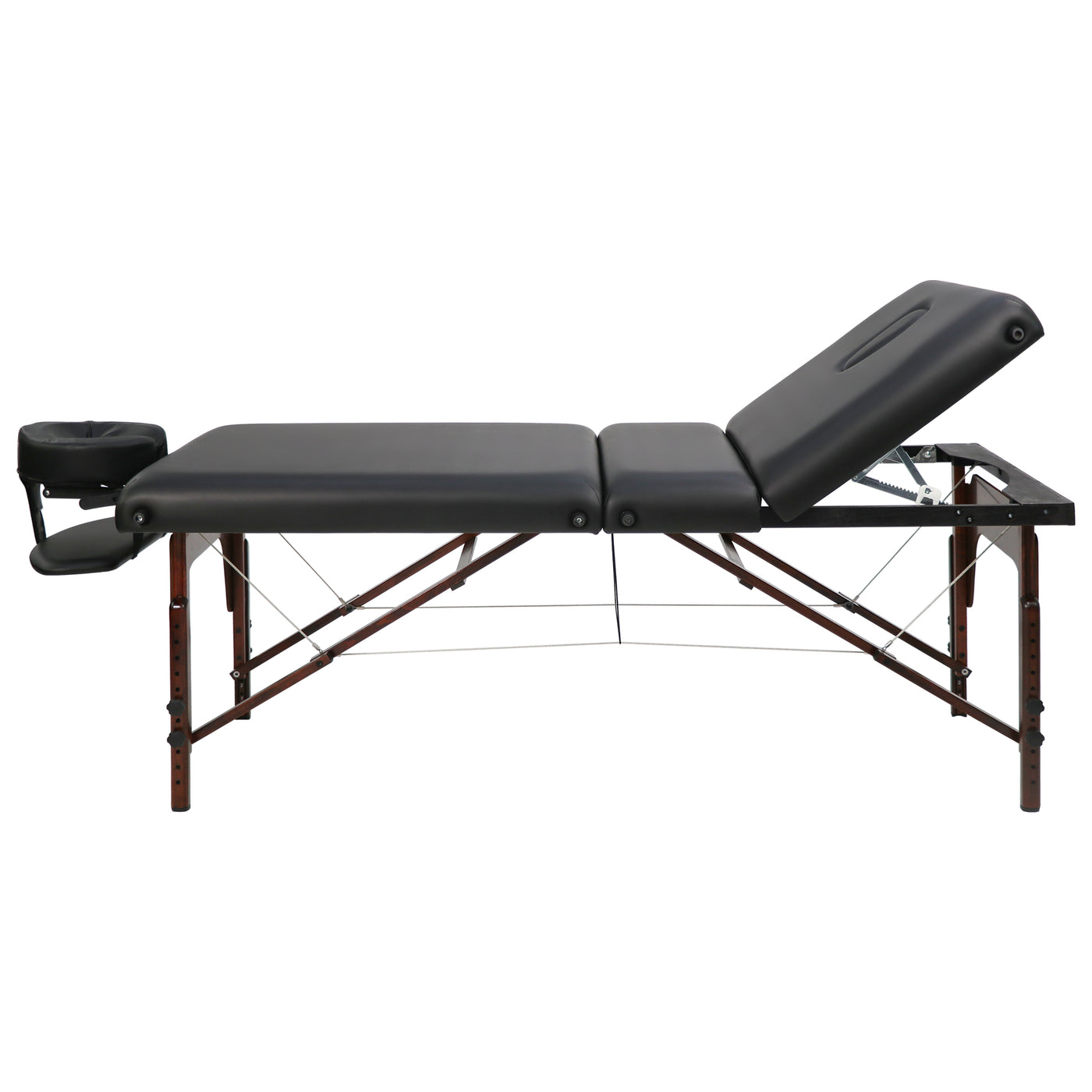 Black massage table with adjustable headrest on a white background