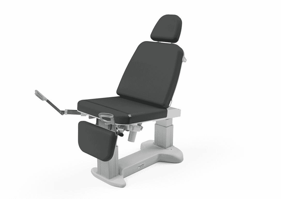 Oakworks 3100 Series Procedure Chair with stirrups, black, adjustable backrest and leg supports.