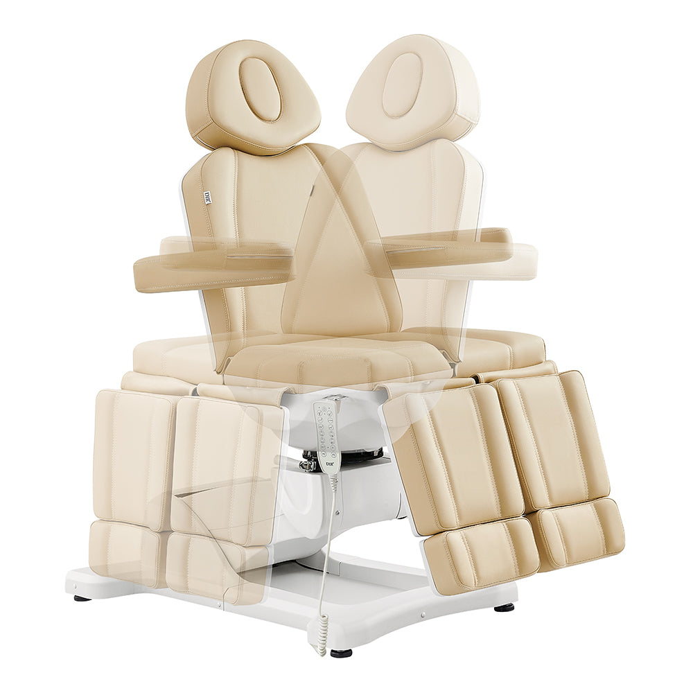 DIR Libra II beige electric medical chair with adjustable recline and footrest positions shown.