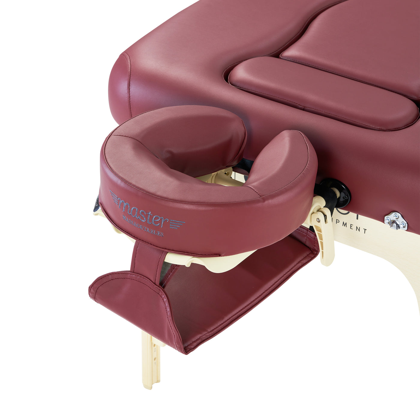 Close-up of Master Massage EVA PREGNANCY table with maroon upholstery and adjustable face cradle.