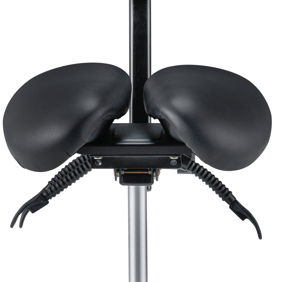 Black adjustable chair seat with two cushioned sections on a white background