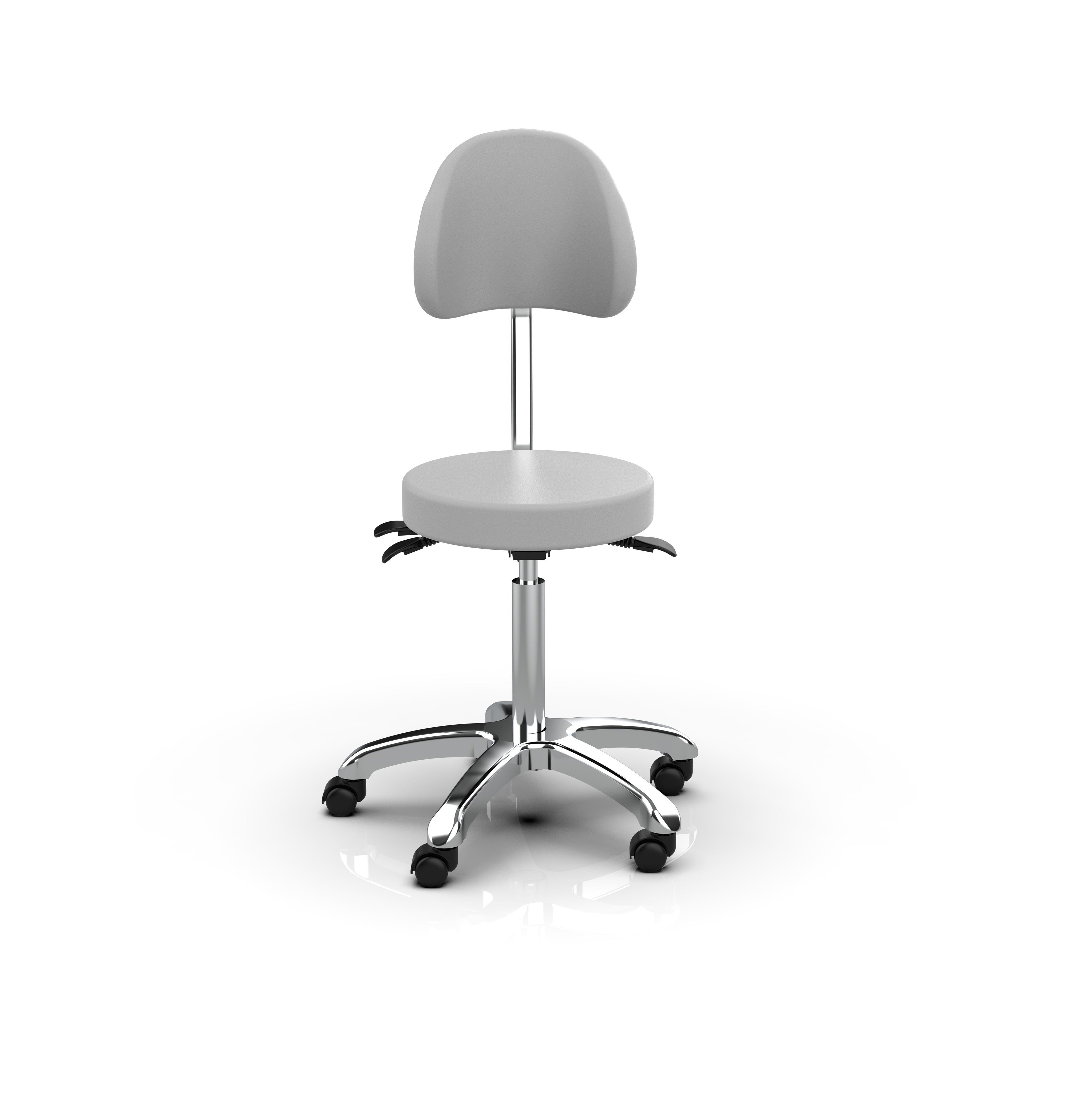 Silverfox America 1025B Stool—a gray ergonomic chair with wheels and a rounded backrest.