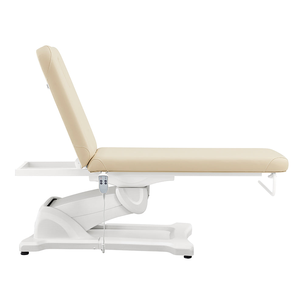 Serenity Electric Treatment Table DIR by DIR, beige top and white base, side view.