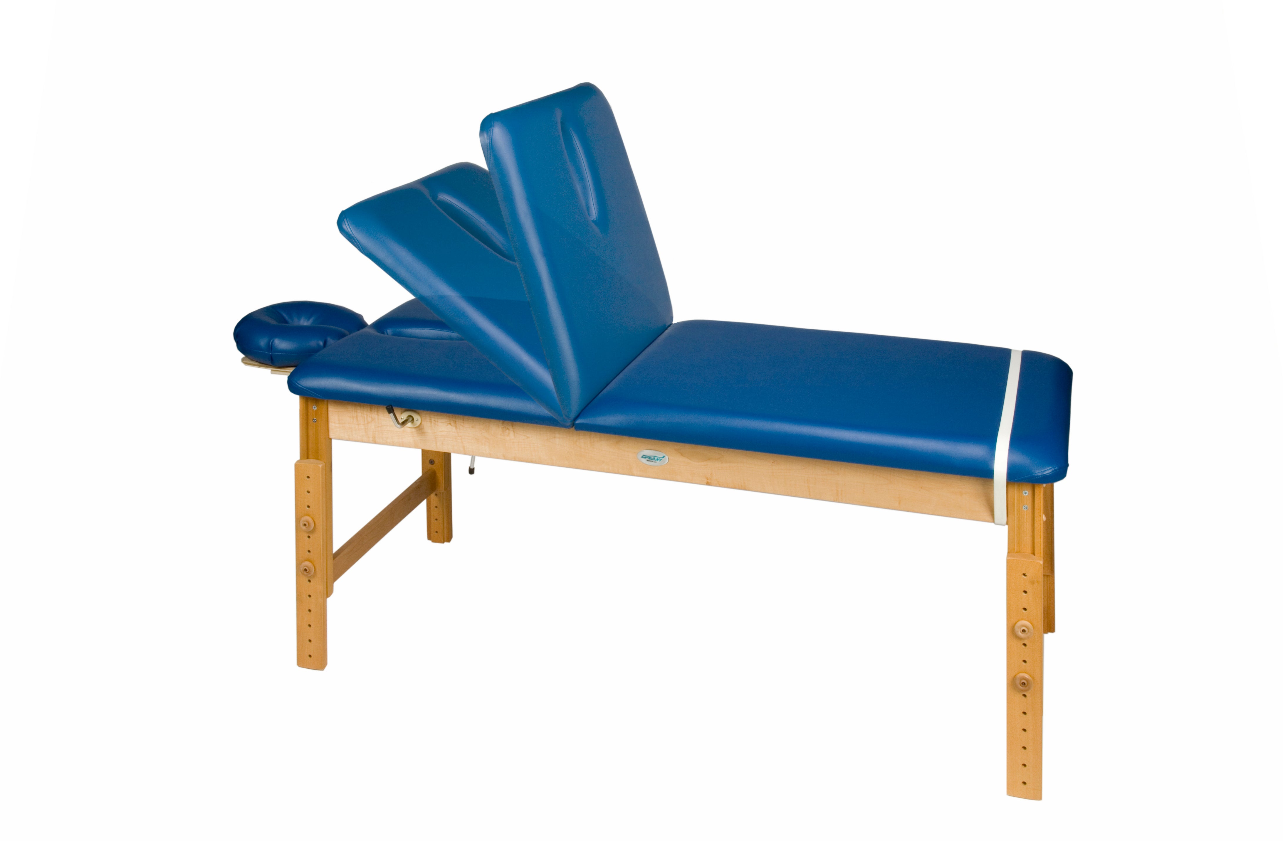 Galaxy Mfg 5093-27TB table with adjustable backrest and wood legs for healthcare needs.