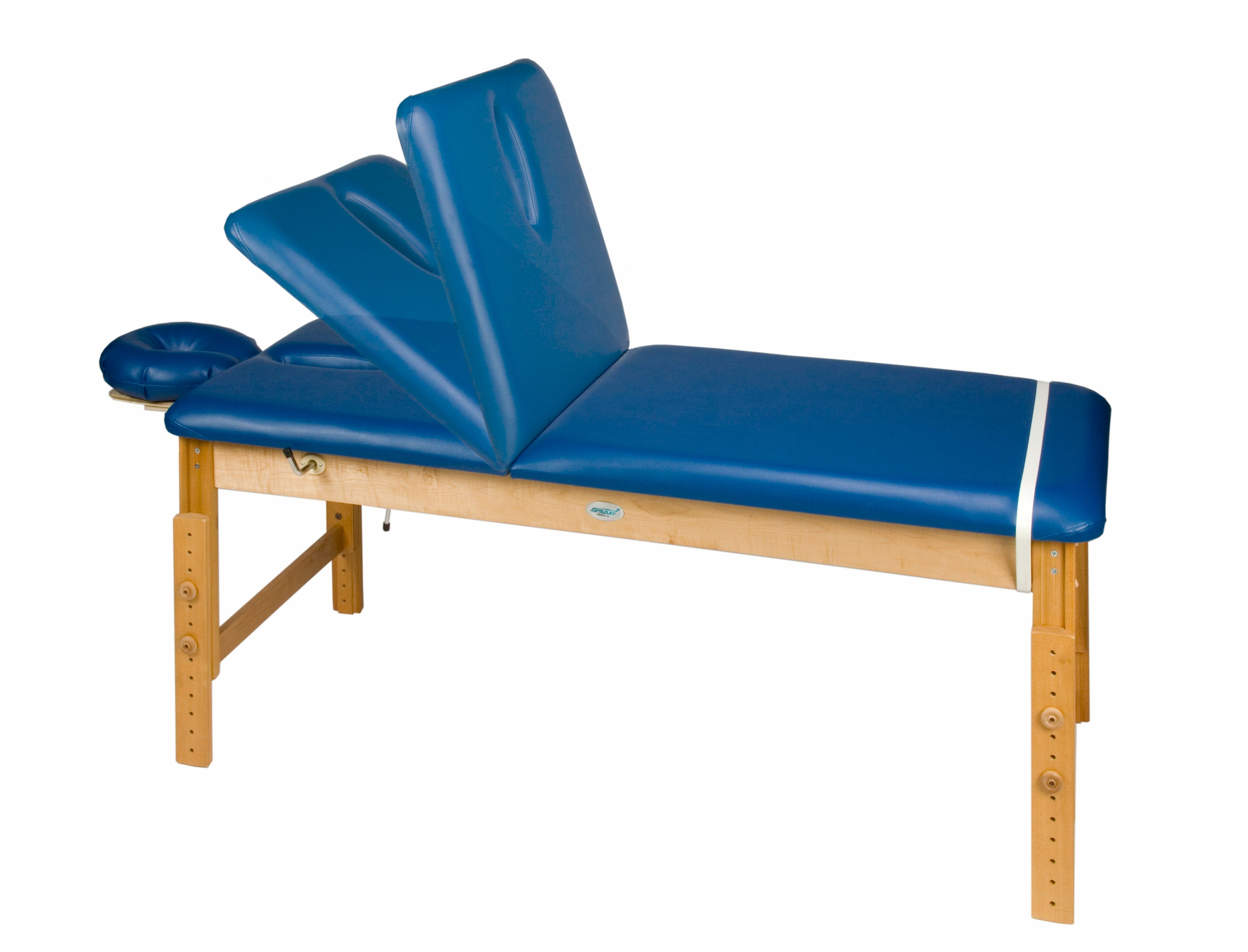 Galaxy Mfg 5093-27TB adjustable height table with raised back and sturdy wood legs.