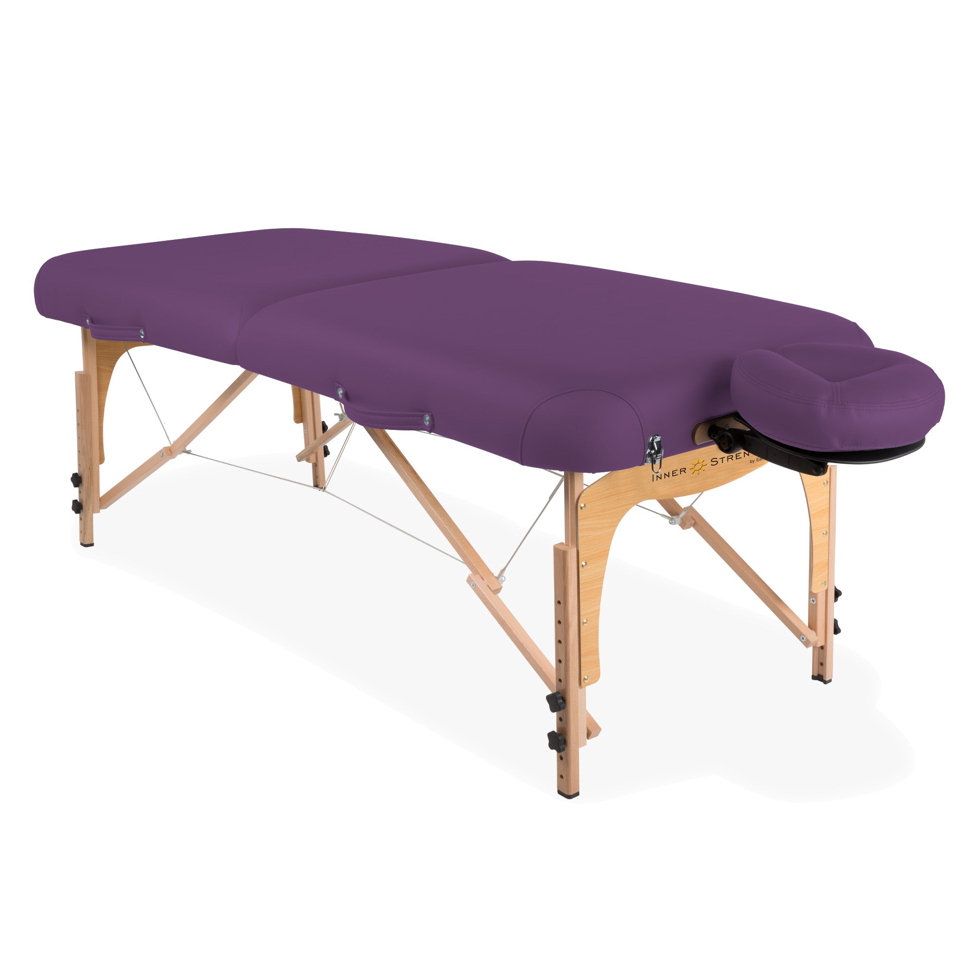 Inner Strength E2 massage table with hardwood frame and detachable face cradle for comfort.