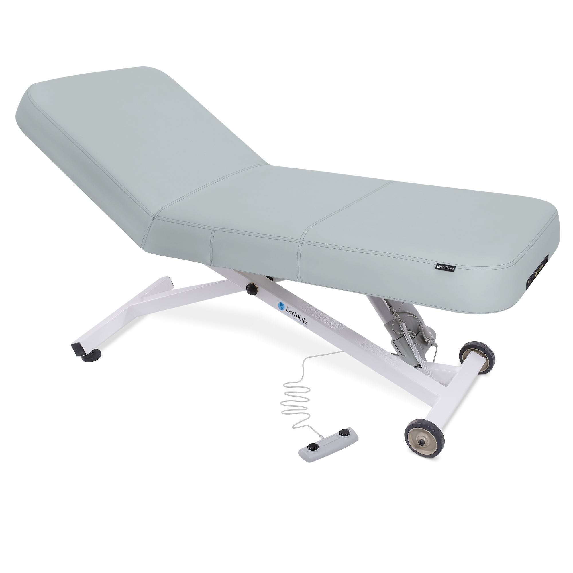EarthLite Ellora LX Tilt treatment table with replaceable mattress, ADA compliant, light gray.
