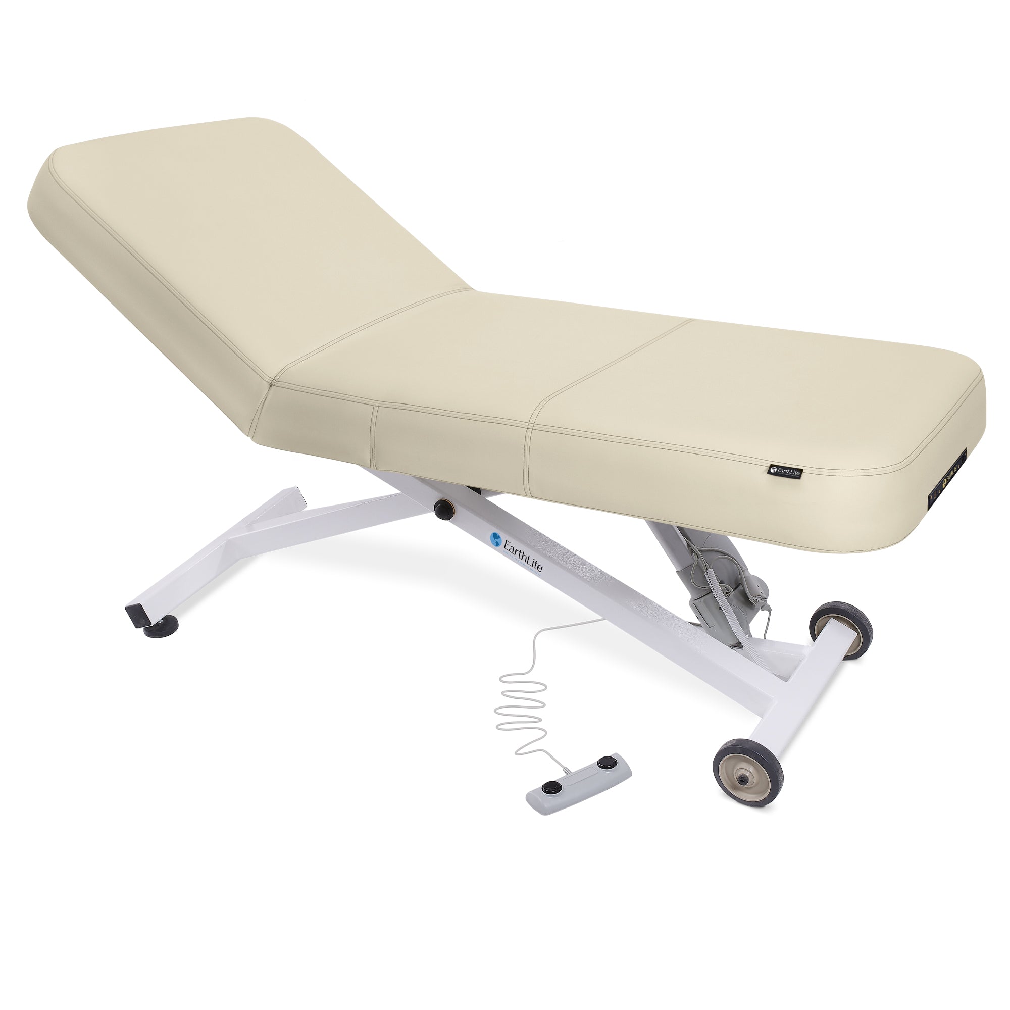 EarthLite Ellora LX Tilt table with remote and wheeled base for easy adjustments.