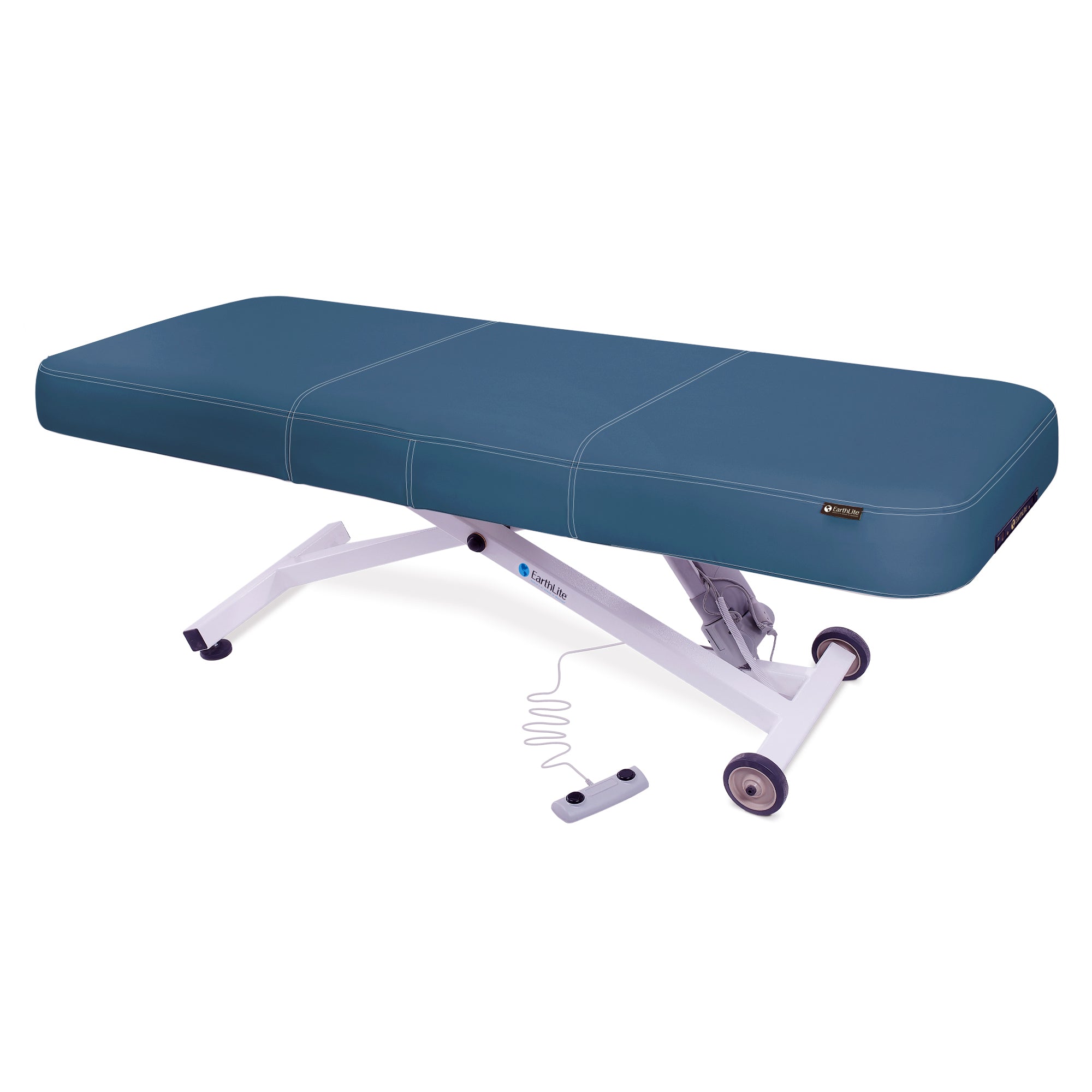EarthLite ELLORA LX Flat Table—multi-purpose, replaceable mattress, white metal legs.