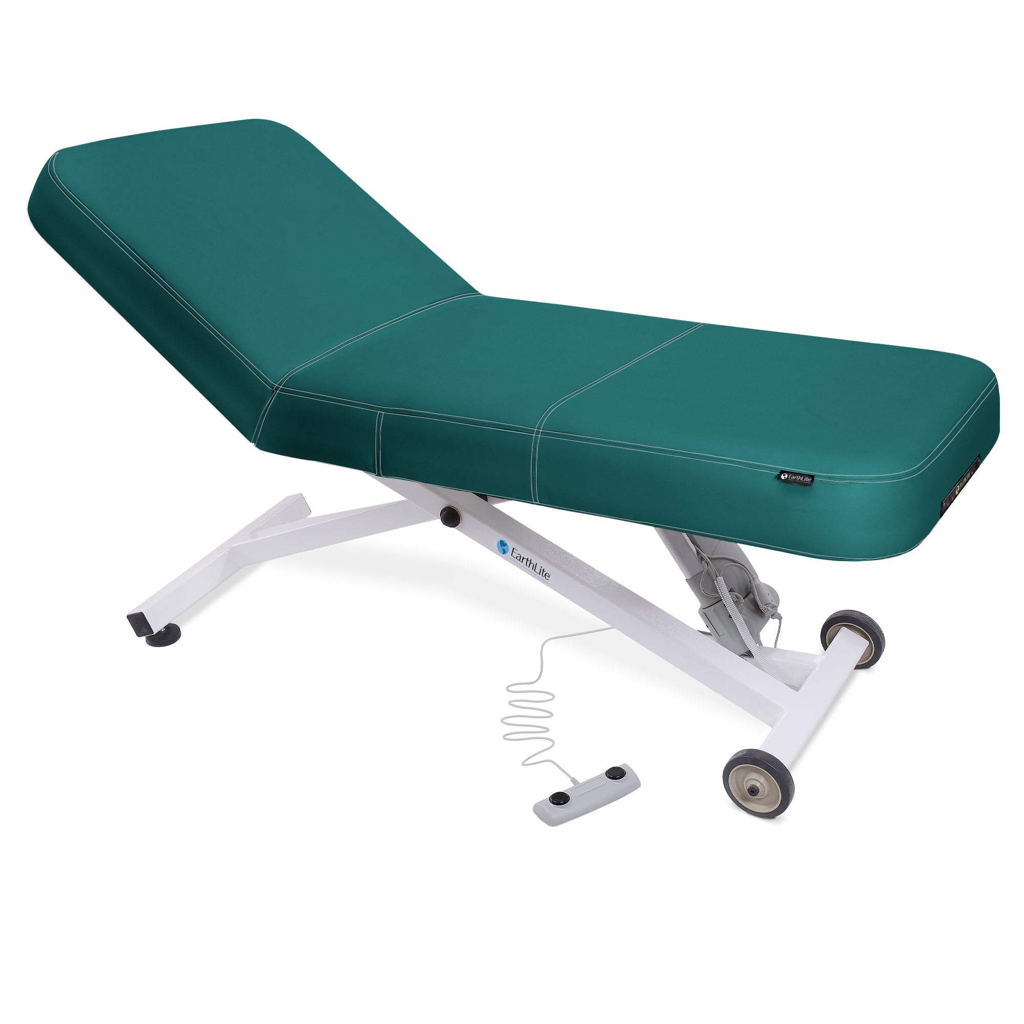 EarthLite Ellora LX Tilt green table with white metal base and foot pedal control.