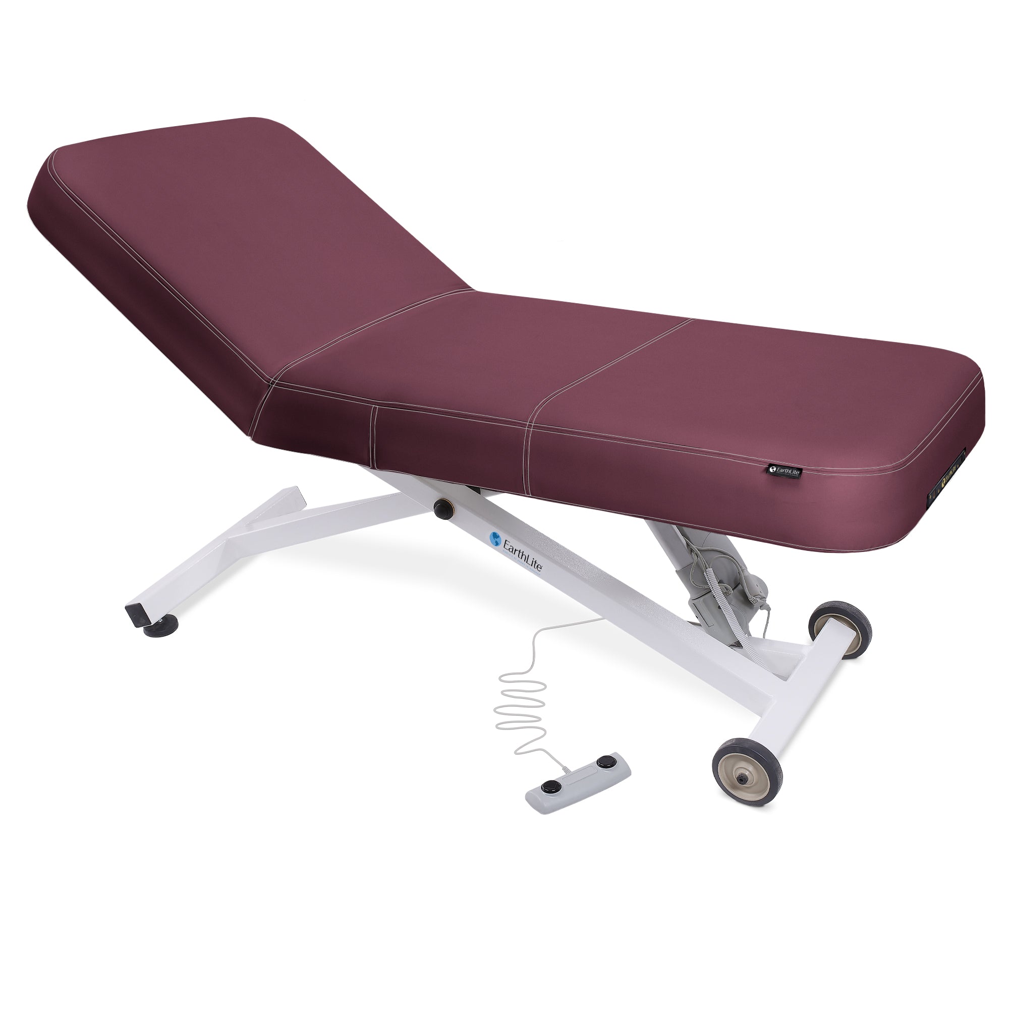 EarthLite ELLORA LX TILT massage table with maroon top and sturdy white metal base.