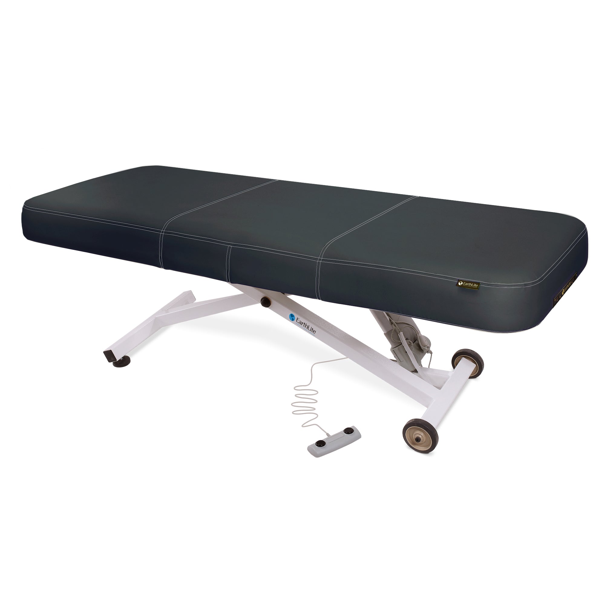 EarthLite ELLORA LX FLAT table with wheels, handheld control, and replaceable mattress.