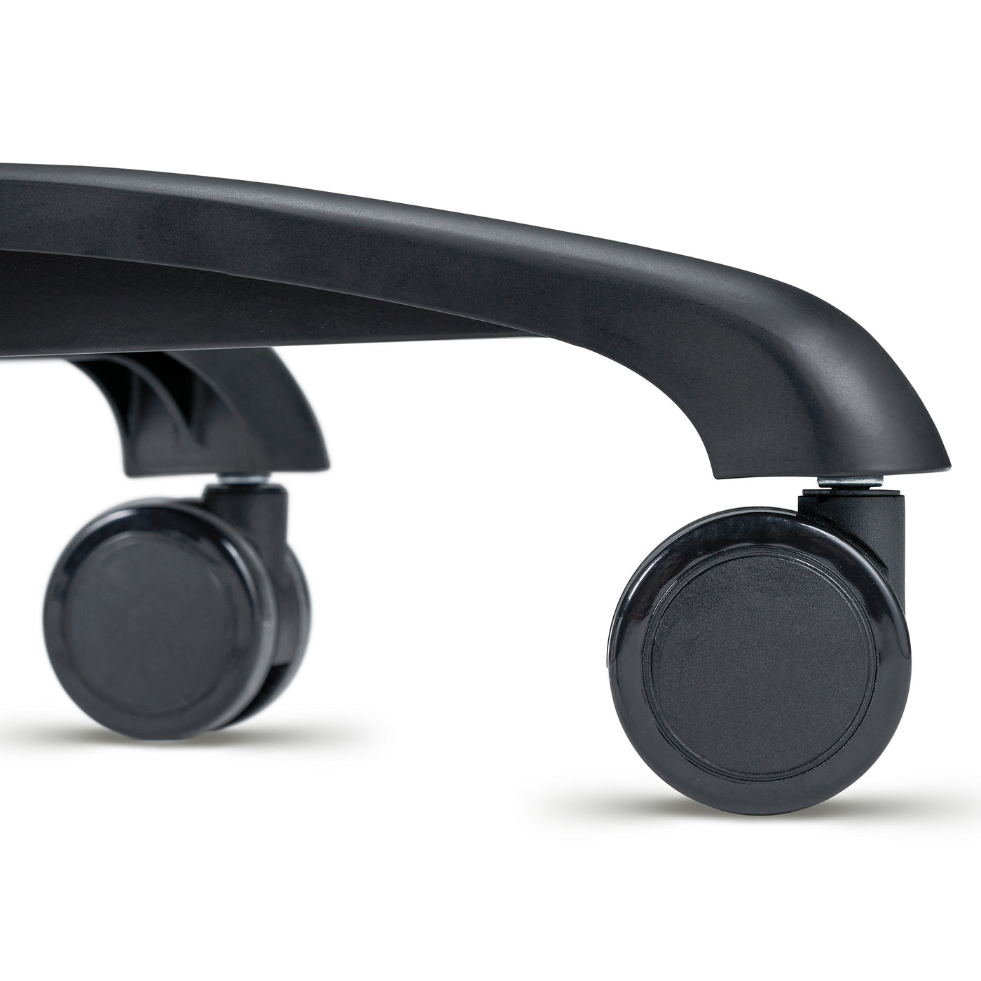 Close-up of a black chair with wheels on a white background