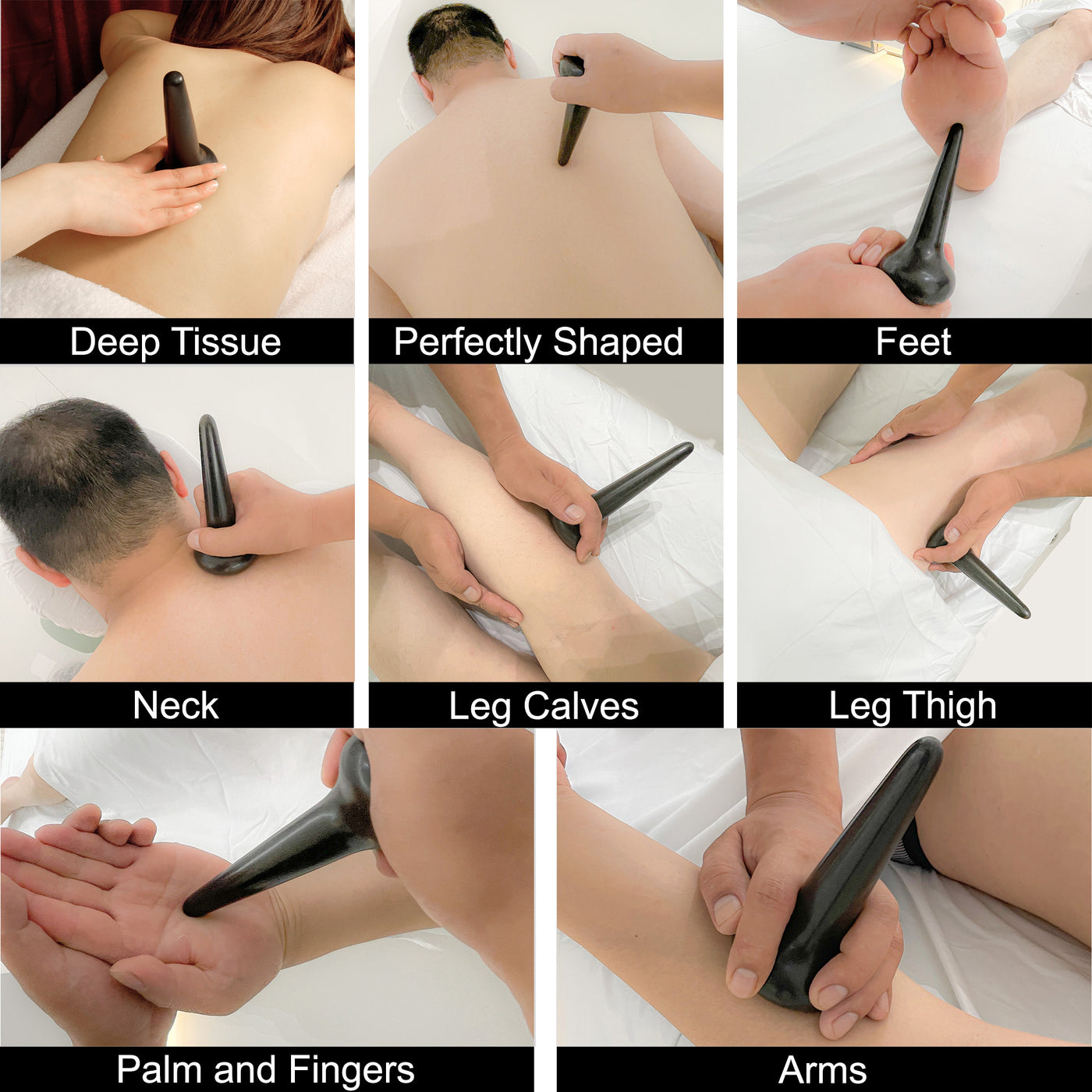 Collage of a handheld massage tool being used on various parts of the body including deep tissue, neck, legs, feet, and arms.