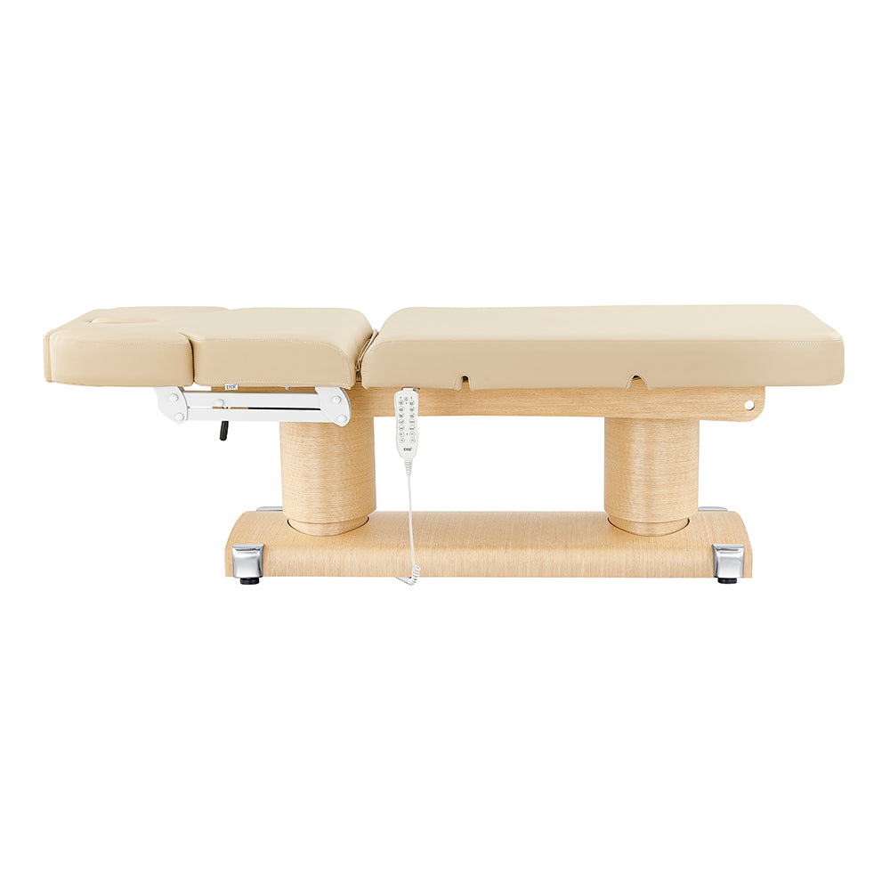 Luxi 4 Motors Medical Spa Table by DIR, beige, remote-controlled, wood base, side view.