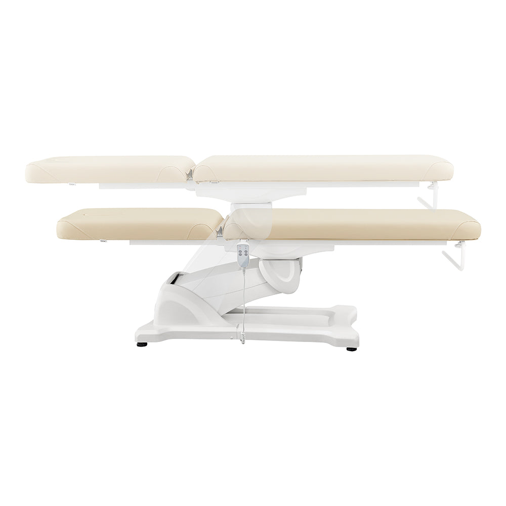Serenity Electric Treatment Table DIR by DIR, beige top and white base, side view.