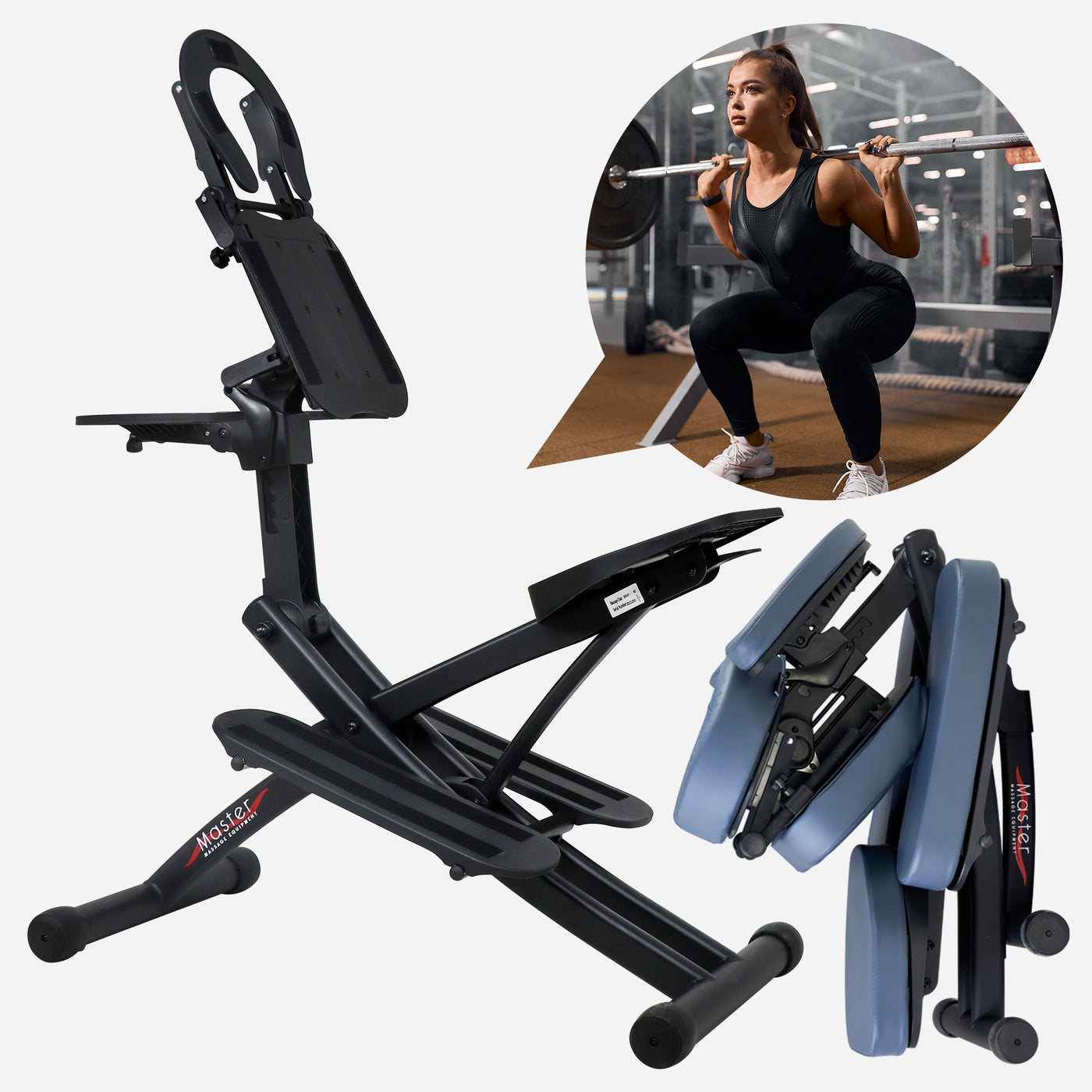 Master Massage RIO Portable Massage Chair next to an adjustable bench in a modern gym.