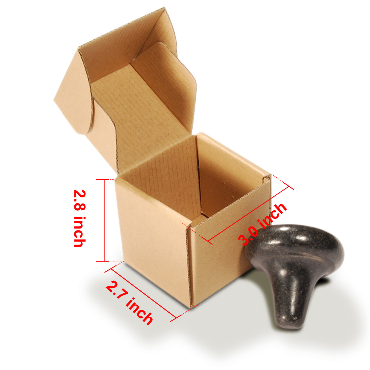 Box with dimensions and a MT Mushroom Shape Balsalt Hot Massage Stone Trigger Presser Point next to it on a white background