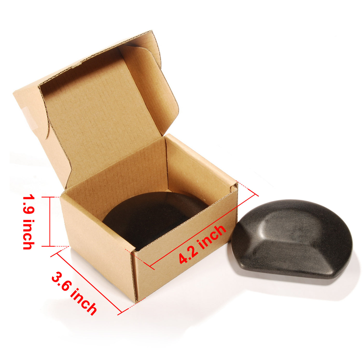 Box with dimensions and MT Three Quarter 3/4 Round Balsalt Stone Rock 2 piece on a white background