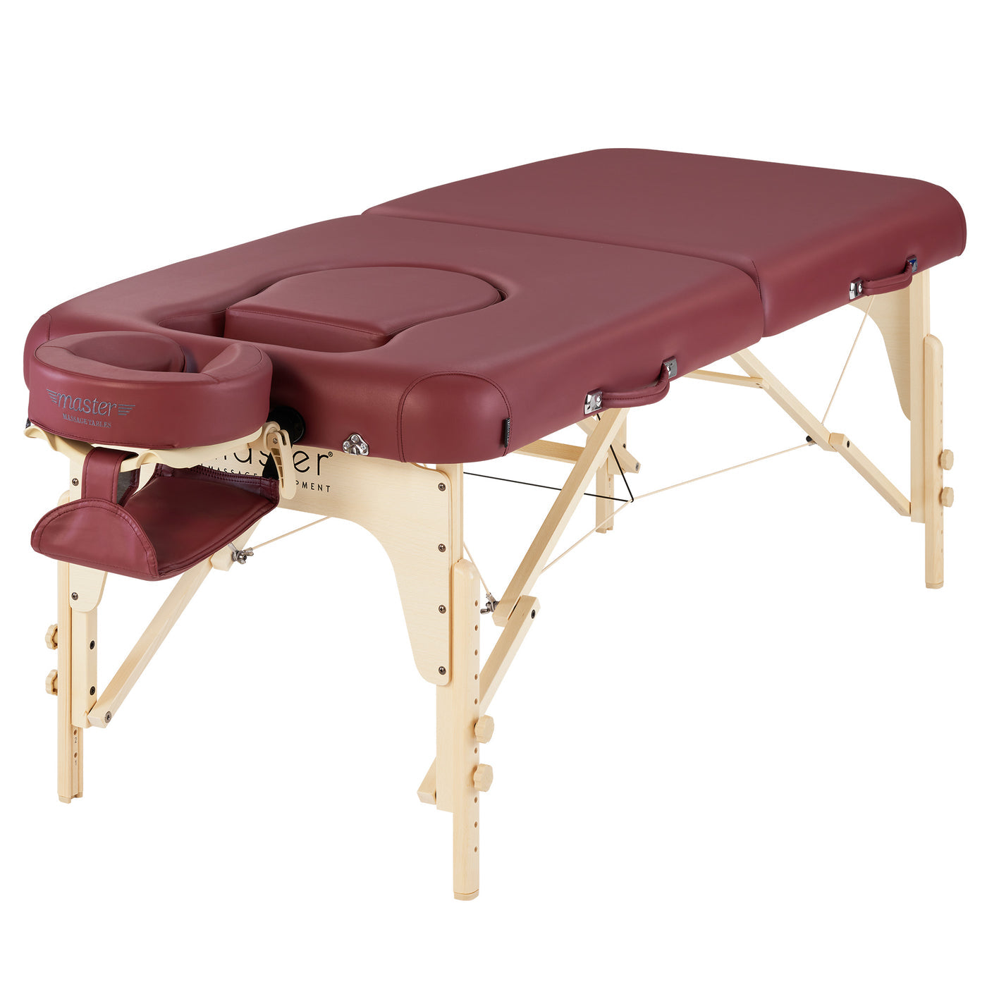 Master Massage EVA PREGNANCY maroon table with wooden legs and adjustable face cradle.
