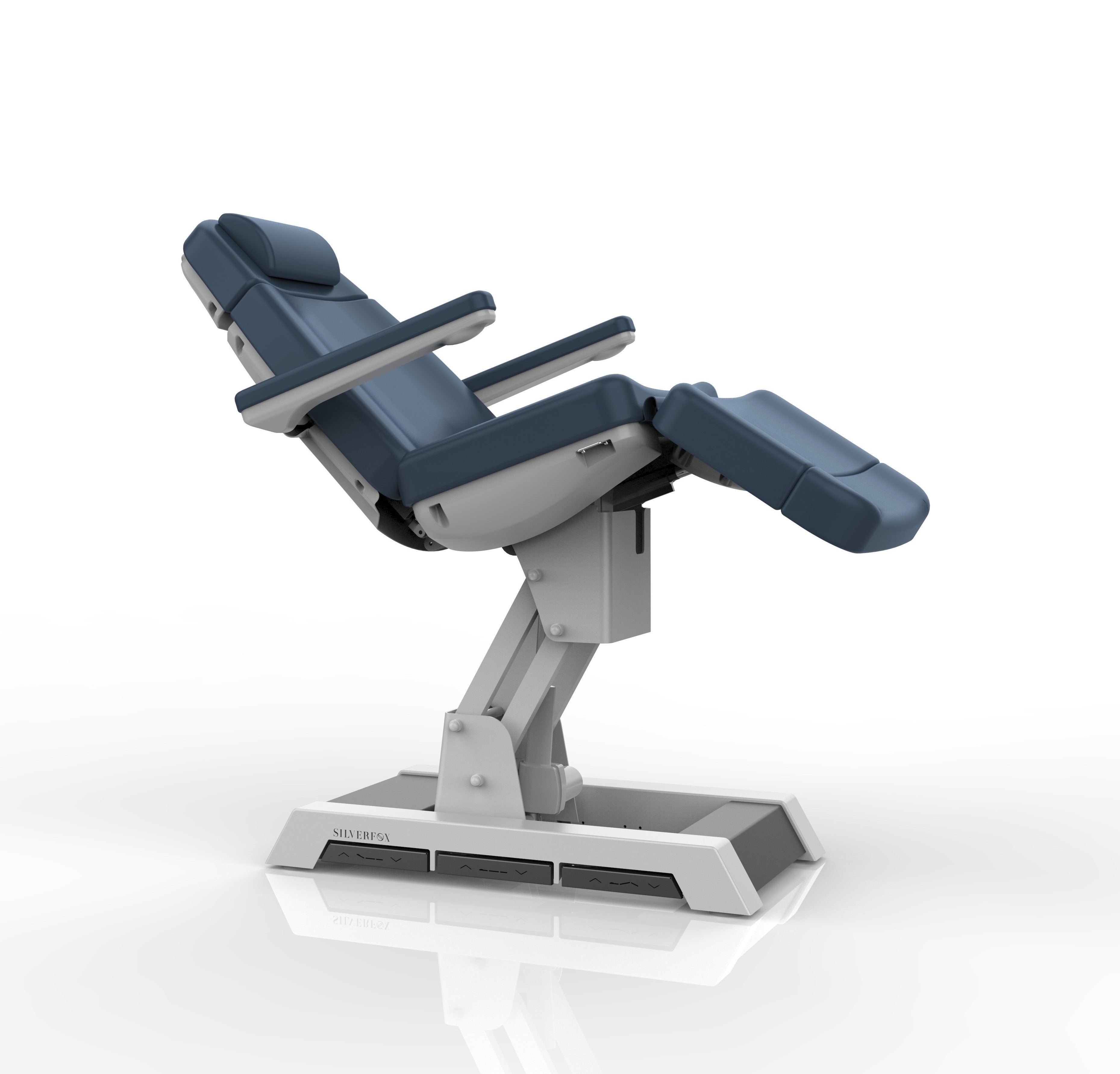 Silverfox America 2220D Electric Massage Table, blue padding, white base, shown reclined.
