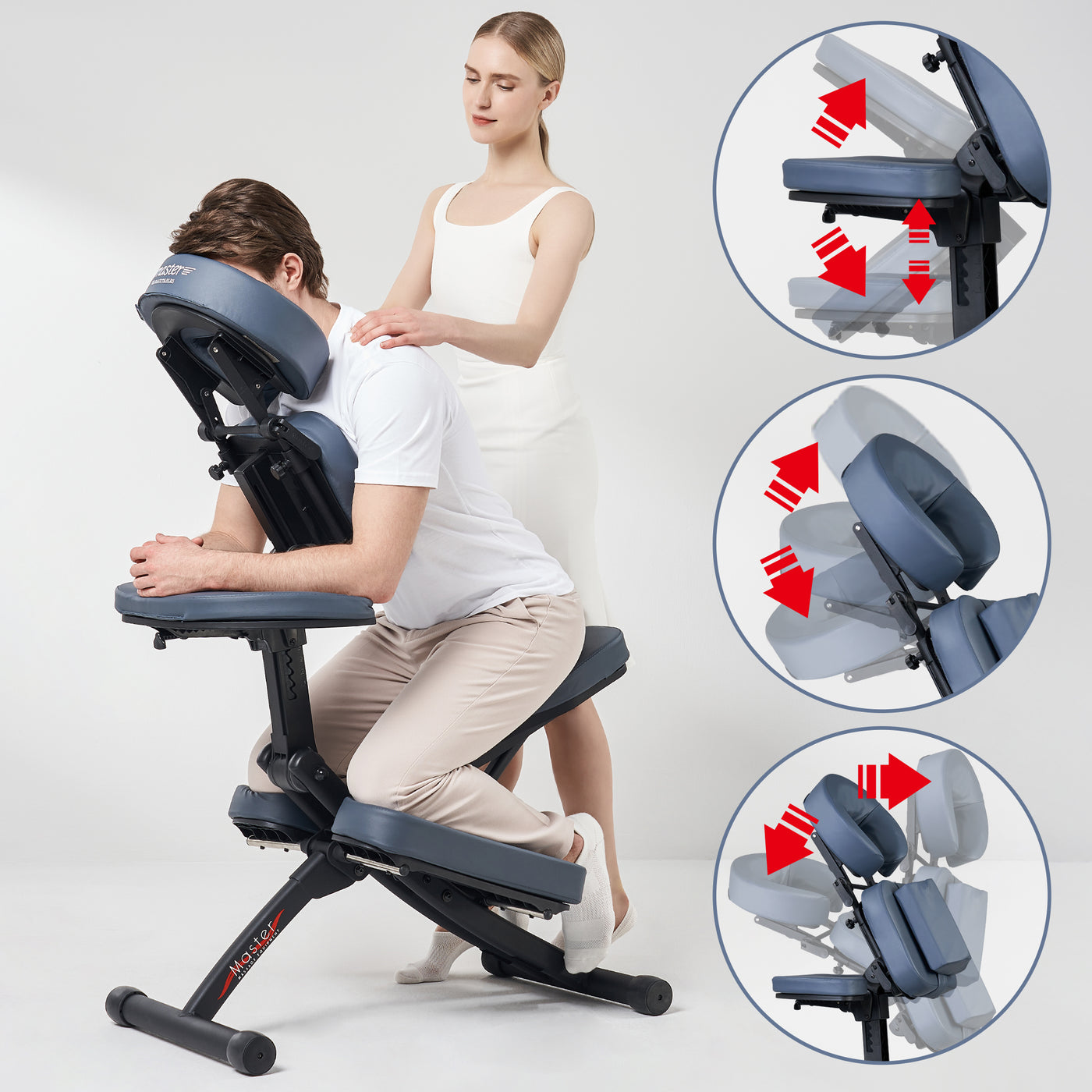 A woman adjusts the Master Massage RIO Portable Massage Chair headrest, with three diagrams shown.