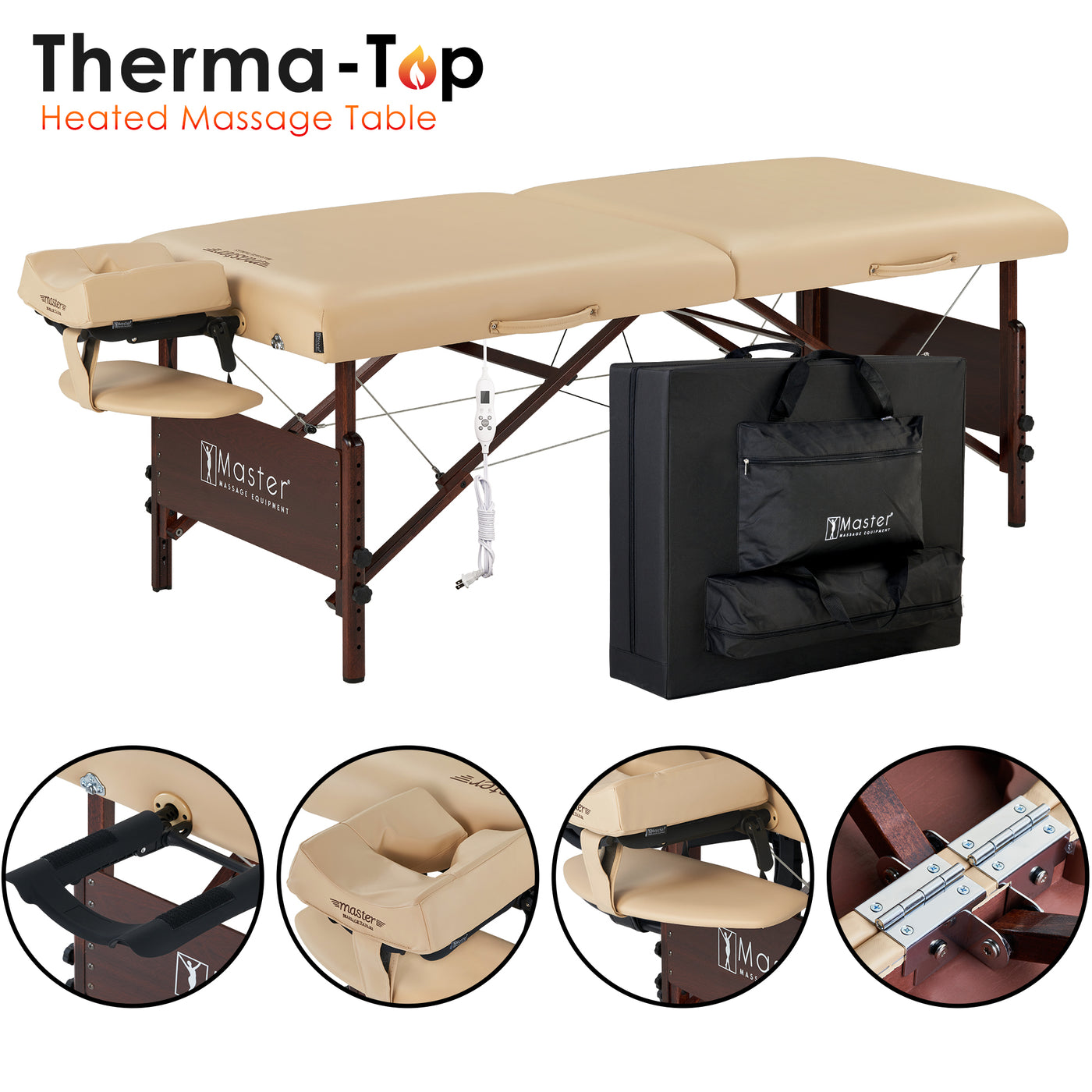 Master Massage DEL RAY table set with Therma-Top, carrying case, and headrest in beige.