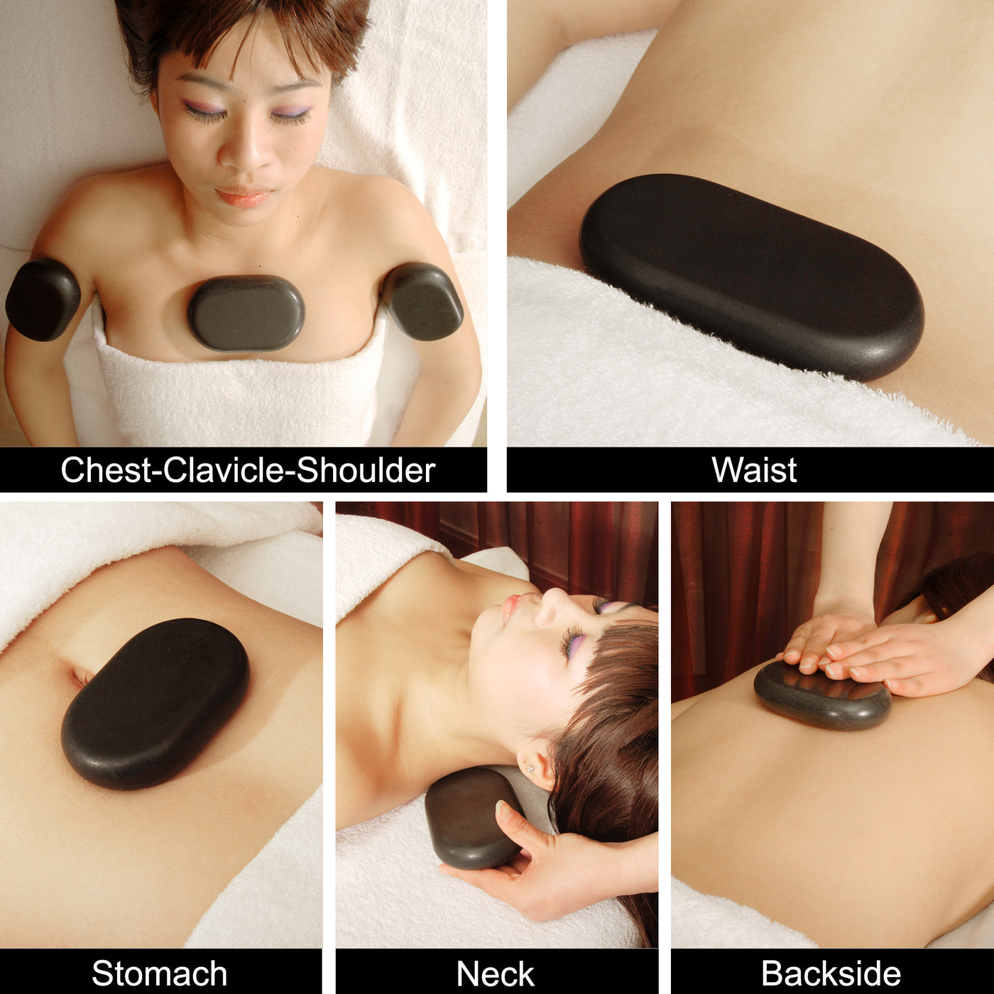 Collage of a person receiving hot stone massage on various body parts.